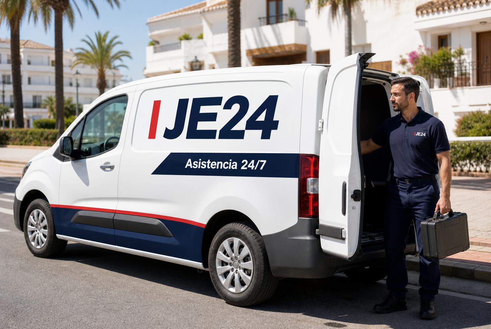 Furgoneta de servicio JE24 rotulada, con técnico, en la Costa del Sol